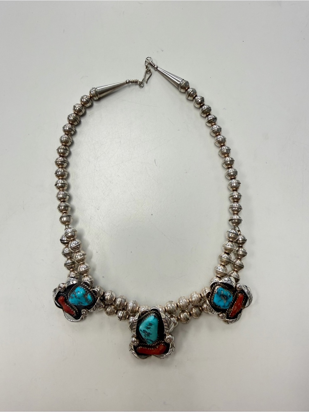 Navajo McNeilley Coral and Turquoise Sterling Silver Navajo Pearl Necklace